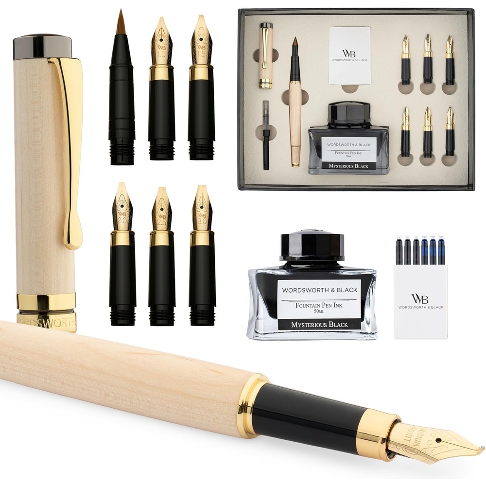 image:imageWordsworth amp Black Calligraphy Pen Gift Set Includes Ink Bottle 6 Cartridges Refill Converter 6 Replacement Nibs Luxury Bamboo Journaling Smooth Writing Pens Black WoodMaple Wood