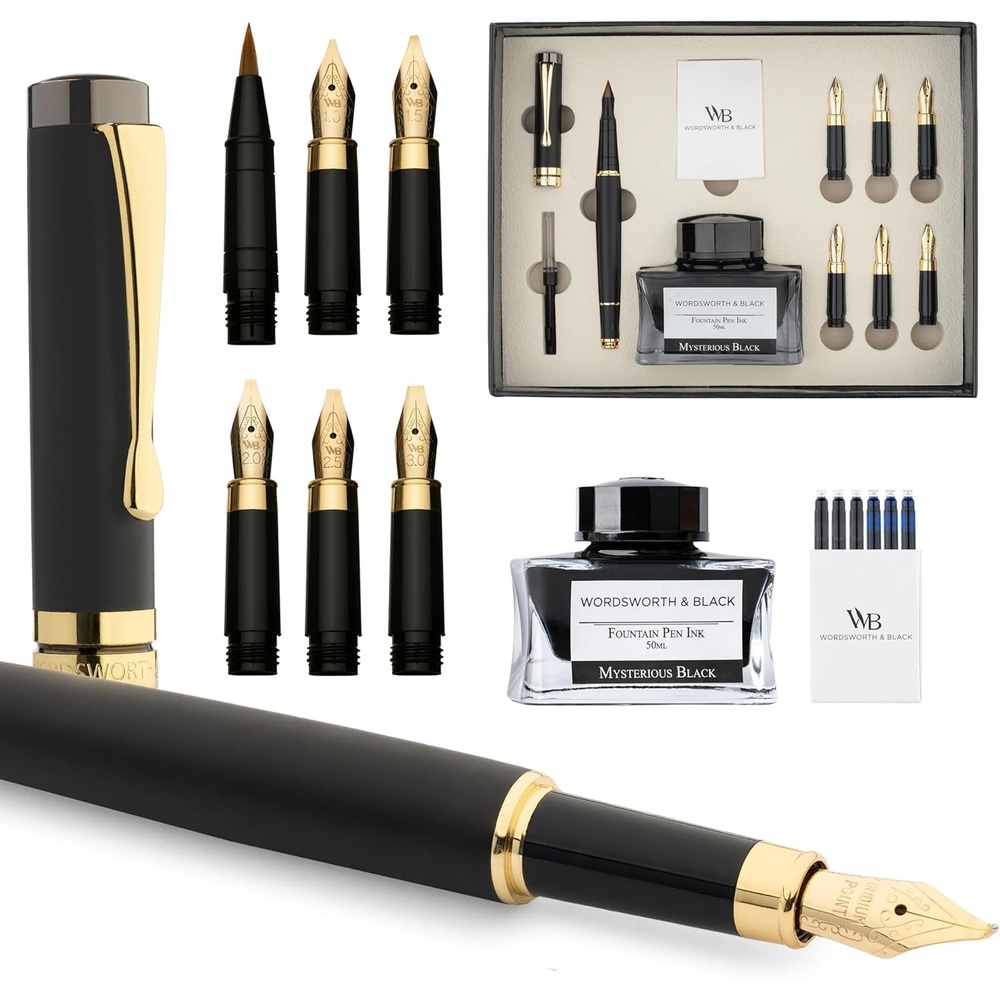 image:imageWordsworth amp Black Calligraphy Pen Gift Set Includes Ink Bottle 6 Cartridges Refill Converter 6 Replacement Nibs Luxury Bamboo Journaling Smooth Writing Pens Black WoodBlack Wood