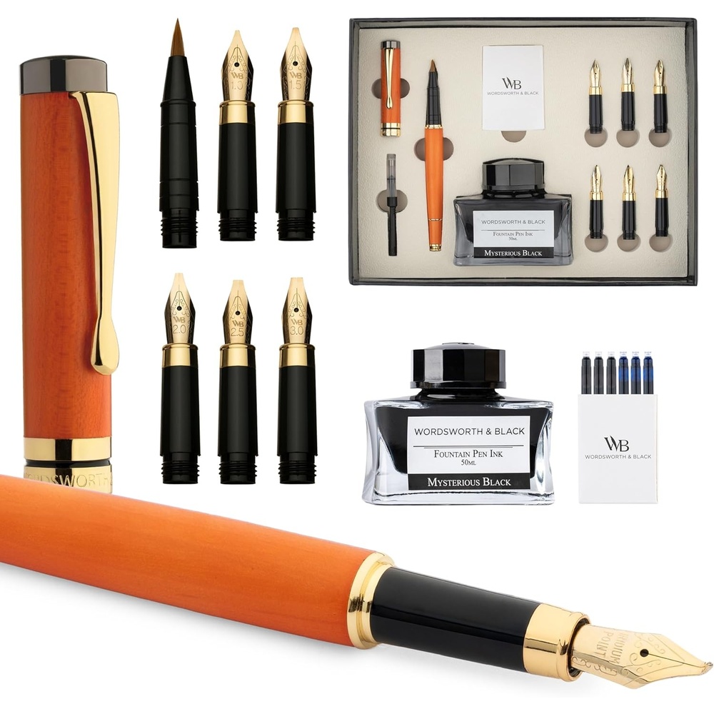 image:imageWordsworth amp Black Calligraphy Pen Gift Set Includes Ink Bottle 6 Cartridges Refill Converter 6 Replacement Nibs Luxury Bamboo Journaling Smooth Writing Pens Black WoodCherry Wood