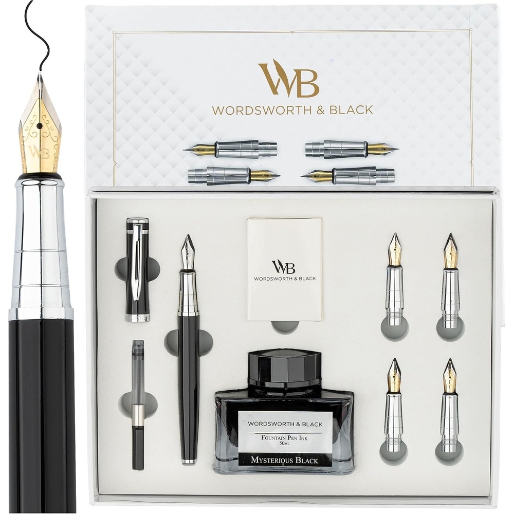 image:imageWordsworth amp Black Fountain Pen Gift Set Includes Bottle 6 Cartridges Refill Converter 4 Replacement Nibs Premium Package Journaling Calligraphy Smooth Writing Pens Red ChromeBlack Chrome