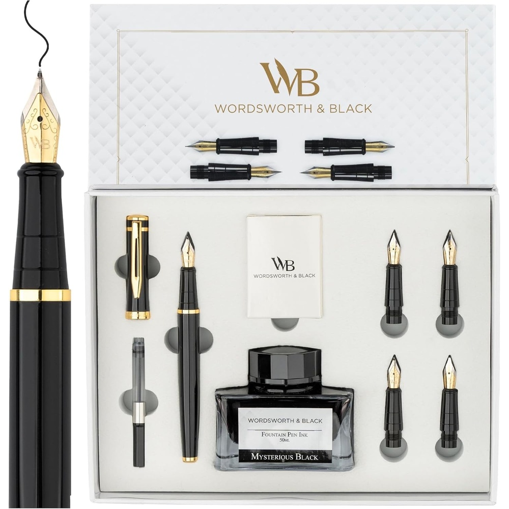 image:imageWordsworth amp Black Fountain Pen Gift Set Includes Bottle 6 Cartridges Refill Converter 4 Replacement Nibs Premium Package Journaling Calligraphy Smooth Writing Pens Red ChromeBlack Gold