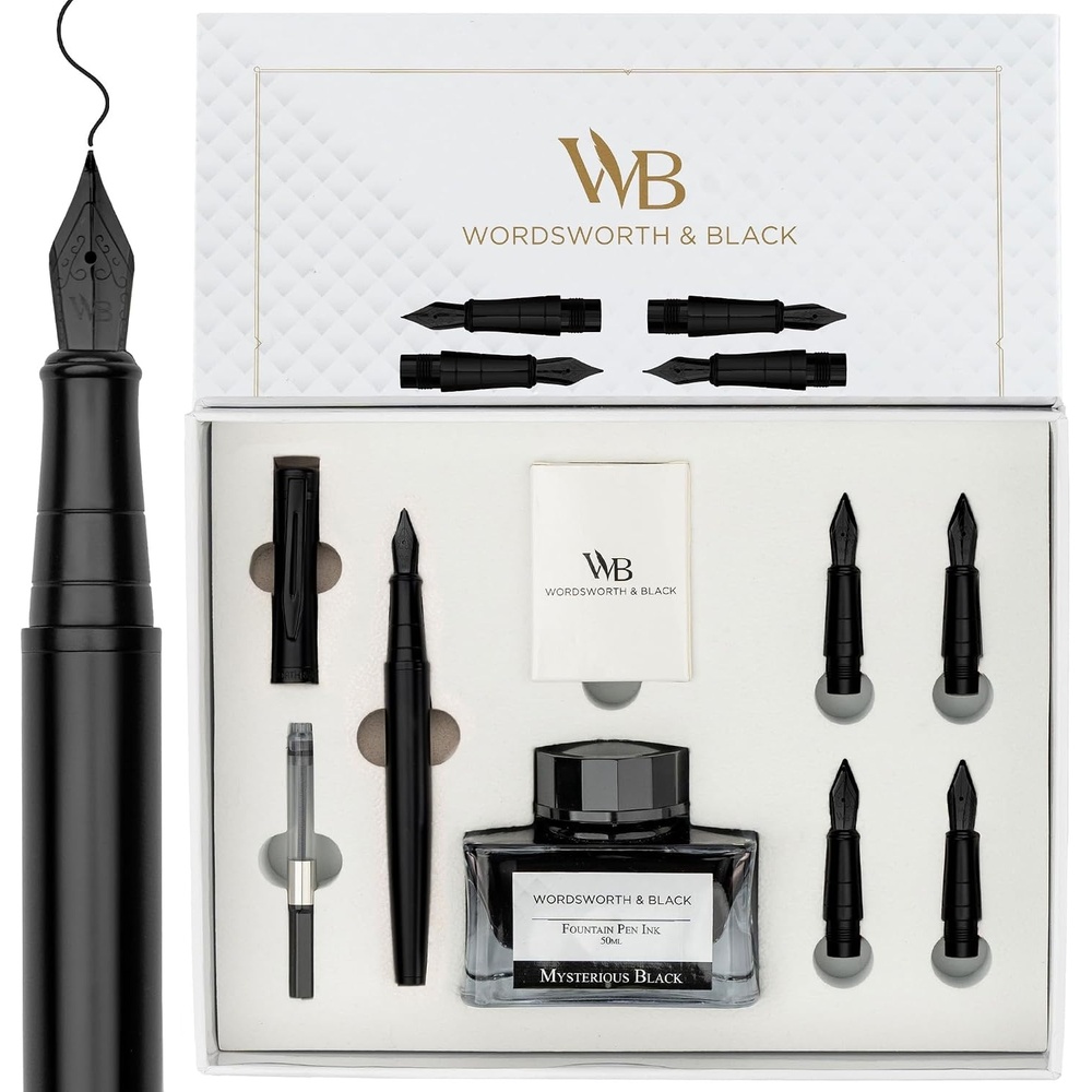 image:imageWordsworth amp Black Fountain Pen Gift Set Includes Bottle 6 Cartridges Refill Converter 4 Replacement Nibs Premium Package Journaling Calligraphy Smooth Writing Pens Red ChromeAll Black
