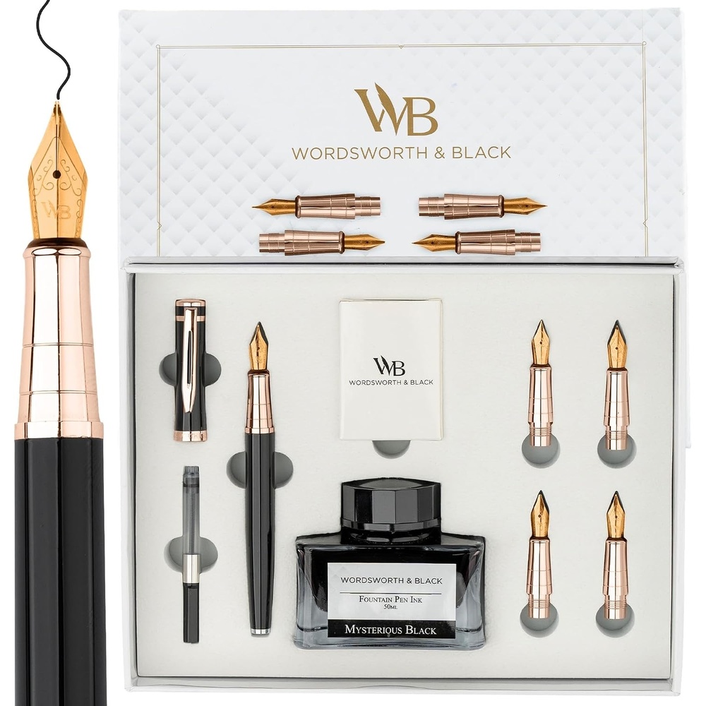 image:imageWordsworth amp Black Fountain Pen Gift Set Includes Bottle 6 Cartridges Refill Converter 4 Replacement Nibs Premium Package Journaling Calligraphy Smooth Writing Pens Red ChromeBlack Rose Gold