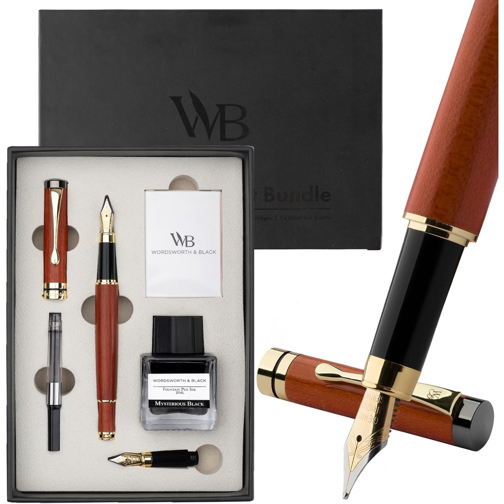 image:imageWordsworth amp Black Fountain Pen Set Luxury Bamboo Wood Medium Nib Extra Fine Nib Gift Case 25ML Black Ink Bottle 6 Ink Cartridges Refill Converter Calligraphy Writing Cherry WoodRosewood