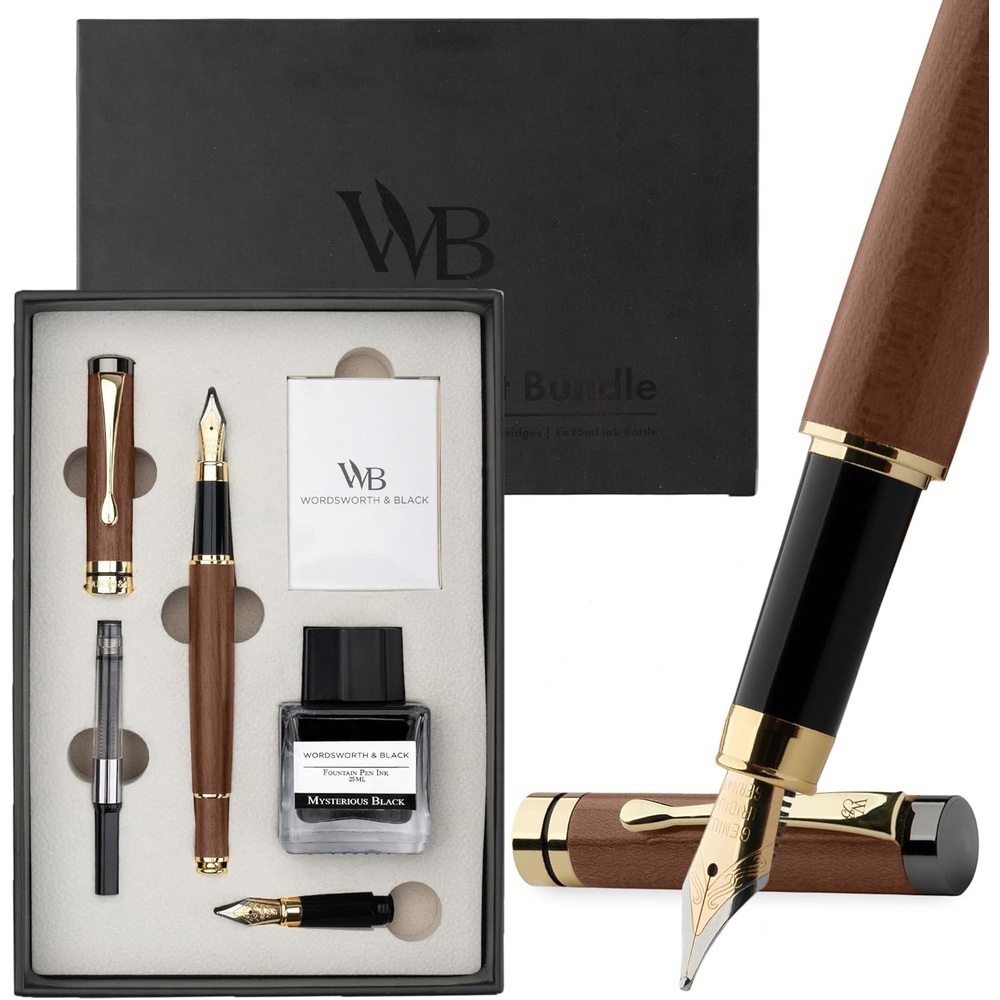 image:imageWordsworth amp Black Fountain Pen Set Luxury Bamboo Wood Medium Nib Extra Fine Nib Gift Case 25ML Black Ink Bottle 6 Ink Cartridges Refill Converter Calligraphy Writing Cherry WoodBrown Wood