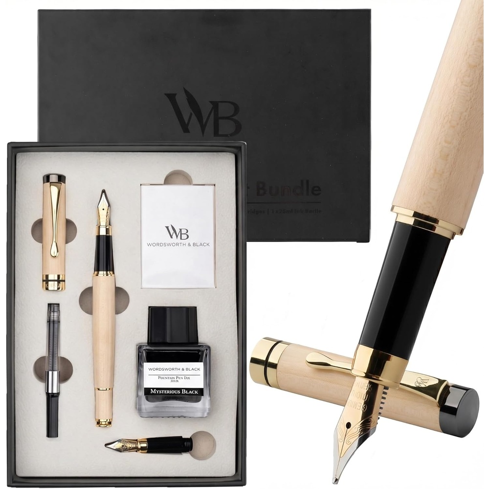 image:imageWordsworth amp Black Fountain Pen Set Luxury Bamboo Wood Medium Nib Extra Fine Nib Gift Case 25ML Black Ink Bottle 6 Ink Cartridges Refill Converter Calligraphy Writing Cherry WoodMaple Wood