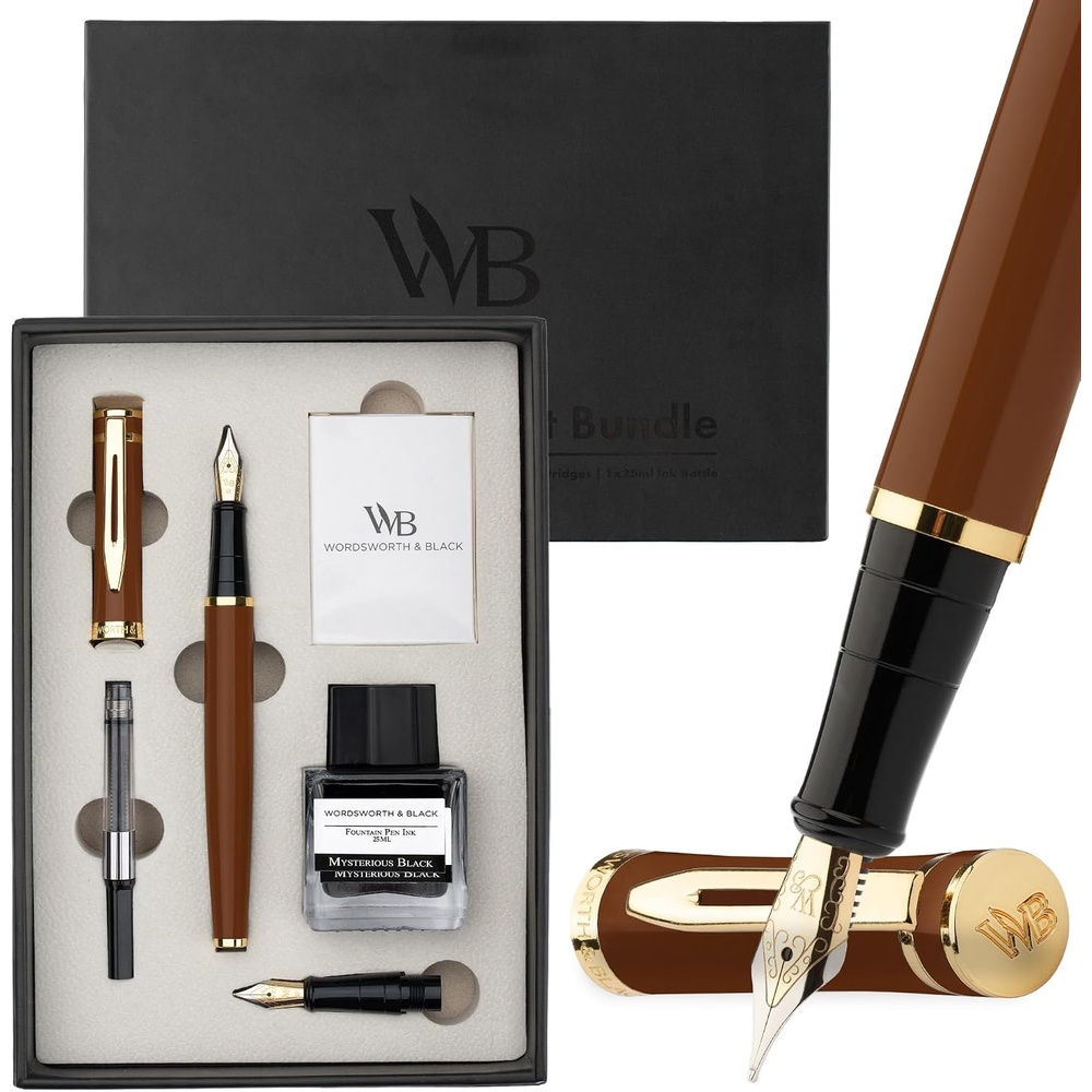 image:imageWordsworth amp Black Fountain Pen Set18K Gilded Medium and Extra Fine Nib25ML Black Ink Bottle6 Ink CartridgesRefill ConverterGift BoxSmooth Writing Pen Silver ChromeGift Set for Men and WomenBrown Gold