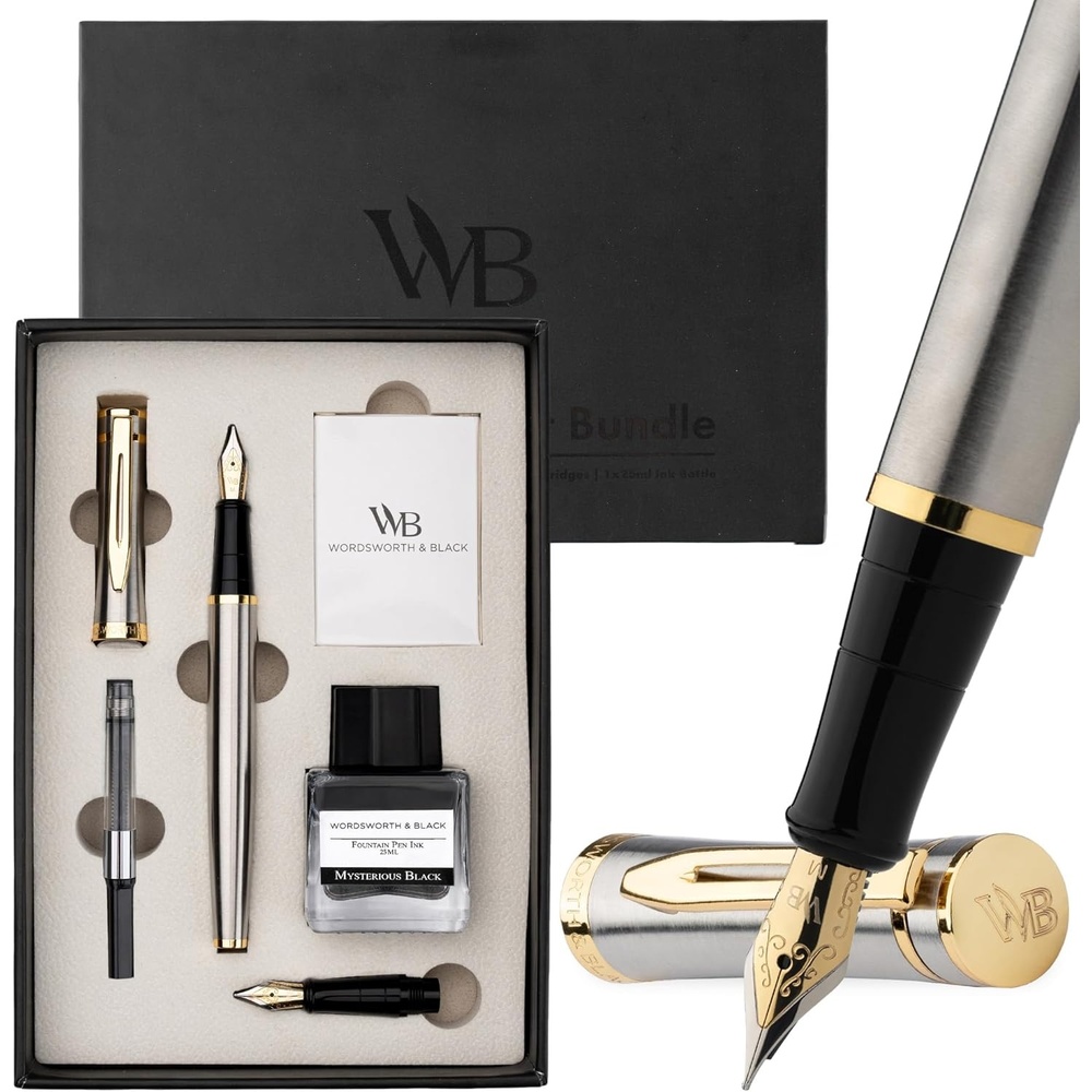 image:imageWordsworth amp Black Fountain Pen Set18K Gilded Medium and Extra Fine Nib25ML Black Ink Bottle6 Ink CartridgesRefill ConverterGift BoxSmooth Writing Pen Silver ChromeGift Set for Men and WomenSilver Gold