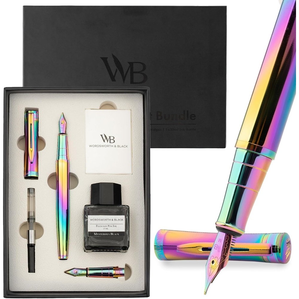 image:imageWordsworth amp Black Fountain Pen Set18K Gilded Medium and Extra Fine Nib25ML Black Ink Bottle6 Ink CartridgesRefill ConverterGift BoxSmooth Writing Pen Silver ChromeGift Set for Men and WomenRainbow