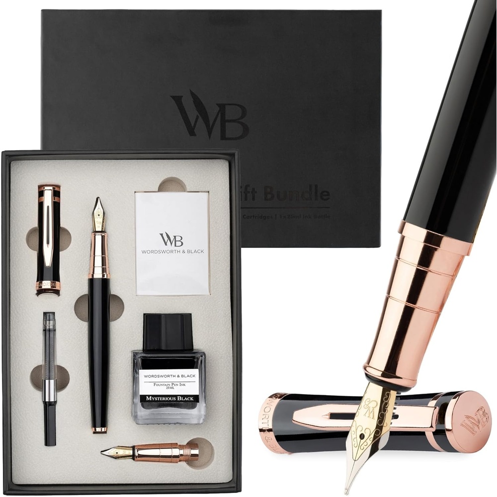 image:imageWordsworth amp Black Fountain Pen Set18K Gilded Medium and Extra Fine Nib25ML Black Ink Bottle6 Ink CartridgesRefill ConverterGift BoxSmooth Writing Pen Silver ChromeGift Set for Men and WomenBlack Rose Gold