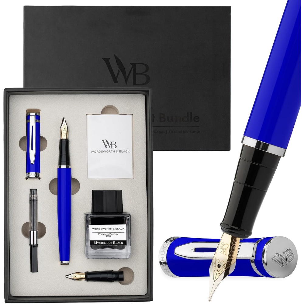 image:imageWordsworth amp Black Fountain Pen Set18K Gilded Medium and Extra Fine Nib25ML Black Ink Bottle6 Ink CartridgesRefill ConverterGift BoxSmooth Writing Pen Silver ChromeGift Set for Men and WomenBlue Chrome