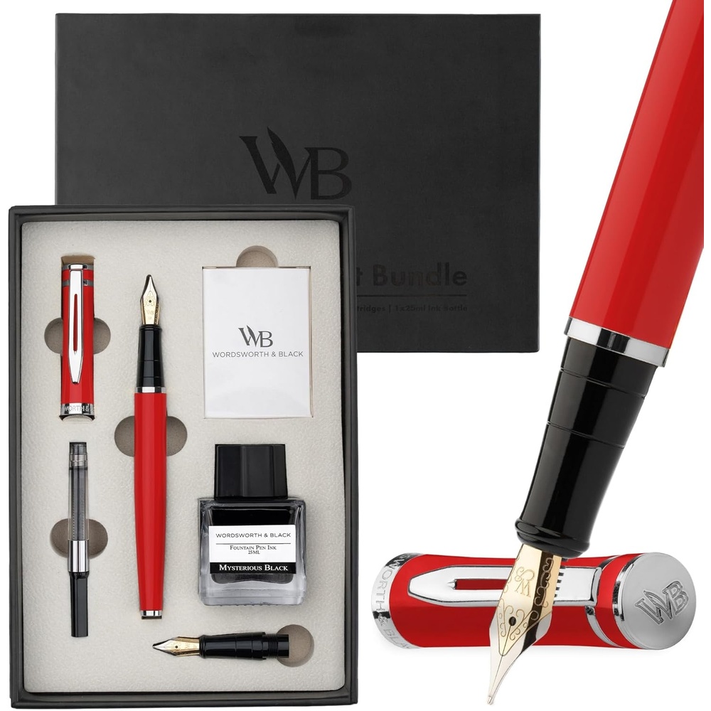 image:imageWordsworth amp Black Fountain Pen Set18K Gilded Medium and Extra Fine Nib25ML Black Ink Bottle6 Ink CartridgesRefill ConverterGift BoxSmooth Writing Pen Silver ChromeGift Set for Men and WomenRed Chrome