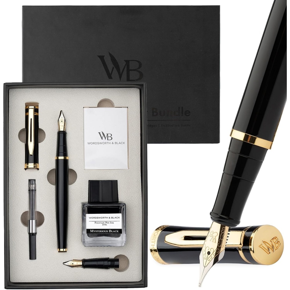 image:imageWordsworth amp Black Fountain Pen Set18K Gilded Medium and Extra Fine Nib25ML Black Ink Bottle6 Ink CartridgesRefill ConverterGift BoxSmooth Writing Pen Silver ChromeGift Set for Men and WomenBlack Gold