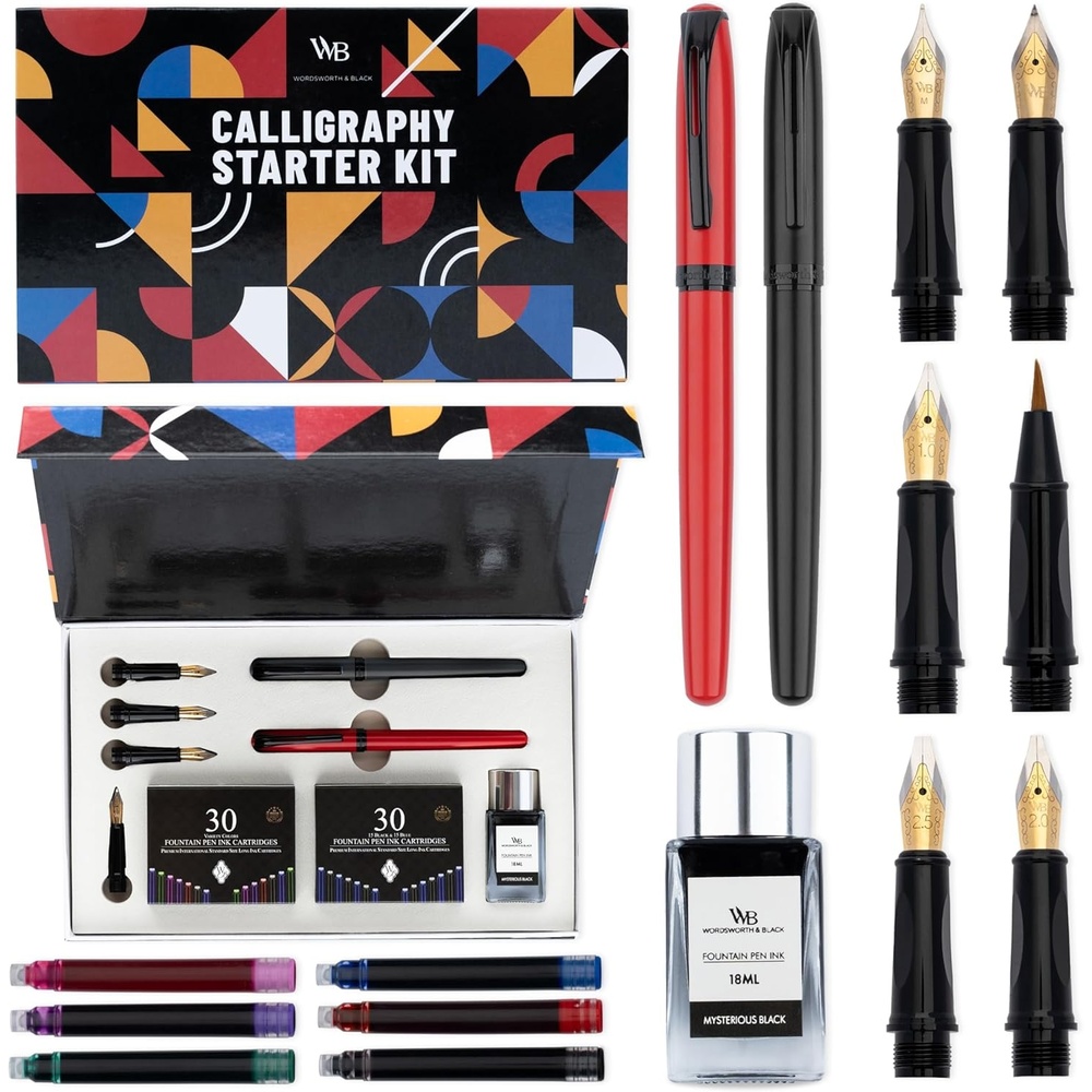 image:imageWordsworth and Black Calligraphy Pen Set Black Includes 2 Calligraphy Pens 18 ML Ink Bottle 60 Ink Cartridges A Refill Converter 1 Medium and 4 Broad Nibs Brush PenRed Black
