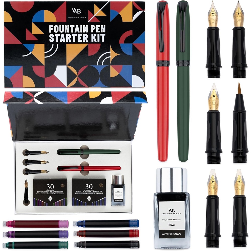 image:imageWordsworth and Black Fountain Pen Set Grey Includes 2 Pens 18 ML Ink Bottle 60 Ink Cartridges A Refill Converter 1 Medium and 4 Broad Nibs Brush Pen Fountain Pen Kit for BeginnersRed and Green