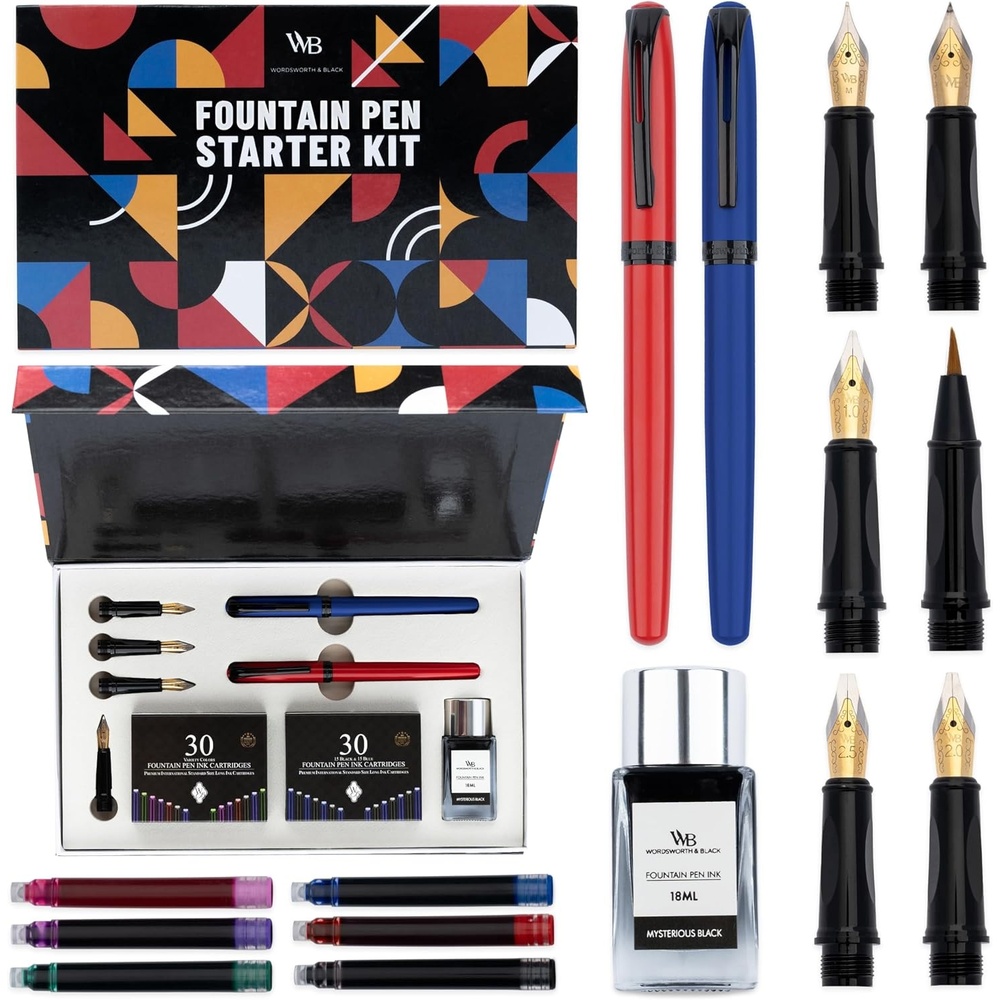 image:imageWordsworth and Black Fountain Pen Set Grey Includes 2 Pens 18 ML Ink Bottle 60 Ink Cartridges A Refill Converter 1 Medium and 4 Broad Nibs Brush Pen Fountain Pen Kit for BeginnersRed and Blue