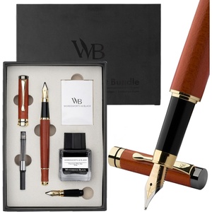 image:imageWordsworth amp Black Fountain Pen Set Luxury Bamboo Wood  Medium Nib Extra Fine Nib Gift Case 25ML Black Ink Bottle 6 Ink Cartridges Refill Converter  Calligraphy Writing Cherry WoodRosewood