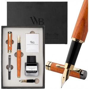 image:imageWordsworth amp Black Fountain Pen Set Luxury Bamboo Wood  Medium Nib Extra Fine Nib Gift Case 25ML Black Ink Bottle 6 Ink Cartridges Refill Converter  Calligraphy Writing Cherry WoodCherry Wood