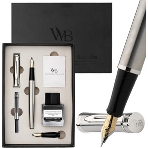image:imageWordsworth amp Black Fountain Pen Set18K Gilded Medium and Extra Fine Nib25ML Black Ink Bottle6 Ink CartridgesRefill ConverterGift BoxSmooth Writing Pen Silver ChromeGift Set for Men and WomenSilver Chrome