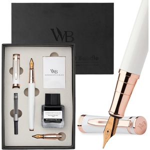 image:imageWordsworth amp Black Fountain Pen Set18K Gilded Medium and Extra Fine Nib25ML Black Ink Bottle6 Ink CartridgesRefill ConverterGift BoxSmooth Writing Pen Silver ChromeGift Set for Men and WomenWhite Rose Gold