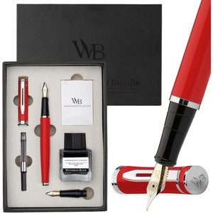 image:imageWordsworth amp Black Fountain Pen Set18K Gilded Medium and Extra Fine Nib25ML Black Ink Bottle6 Ink CartridgesRefill ConverterGift BoxSmooth Writing Pen Silver ChromeGift Set for Men and WomenRed Chrome